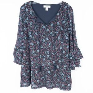 CJ Banks Floral Ruffle Flounce Sleeve Tie V Neck Top Size X (14W) Stretch Lined